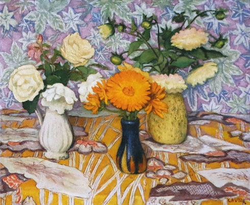 Jean Challié, Trois bouquets : roses, soucis, dahlias.